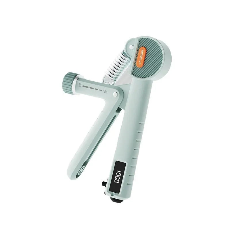 Adjustable count spring hand grip strength trainer in ivory white, black, or green.