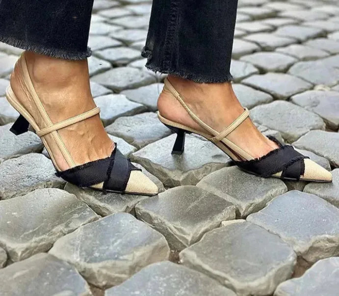 Women's apricot black colour block stiletto sandals with pointed toe and adjustable buckle strap