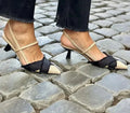 Women's apricot black colour block stiletto sandals with pointed toe and adjustable buckle strap