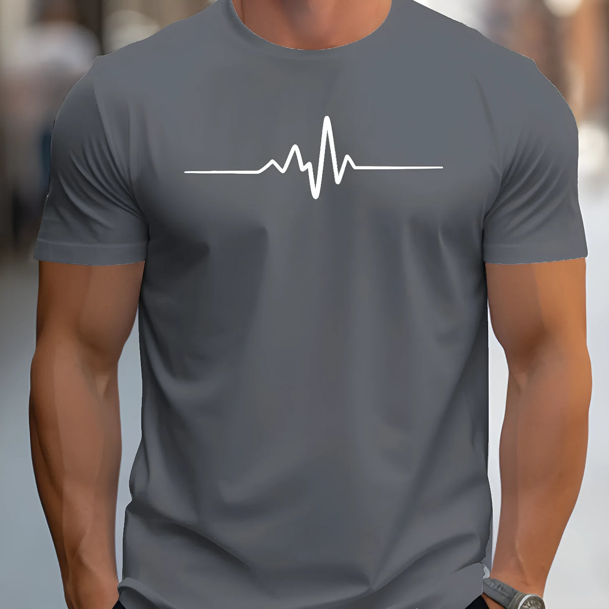Men's loose fit grey T-shirt with printed letter design on the front.