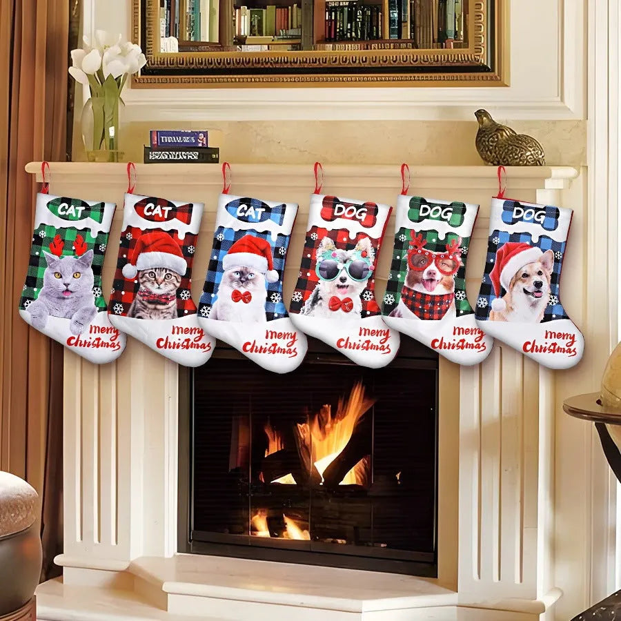 Printed cloth Christmas wall hanging with puppy and cat designs in traditional American plaid style