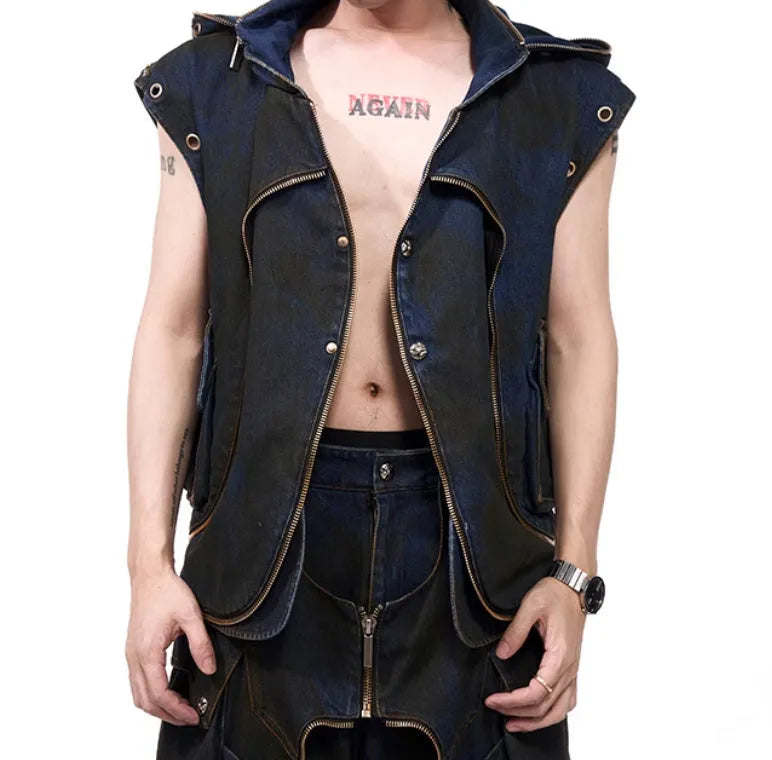 Blue polyester Korean-style hooded denim vest coat outfit with matching trousers on model