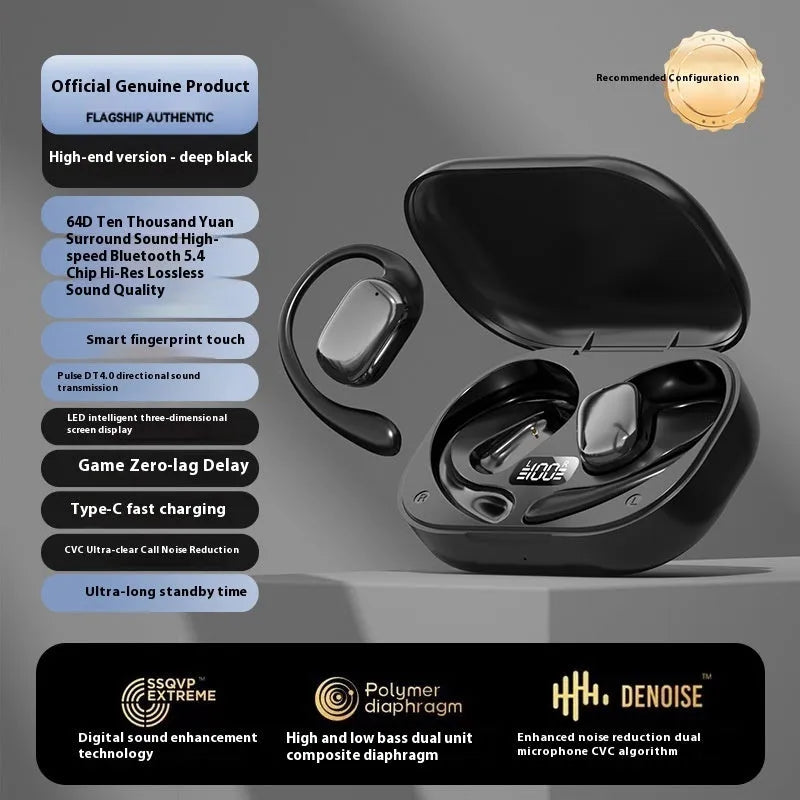 Ear-mounted wireless headphones with digital display screen in black, skin colour, or white colour options