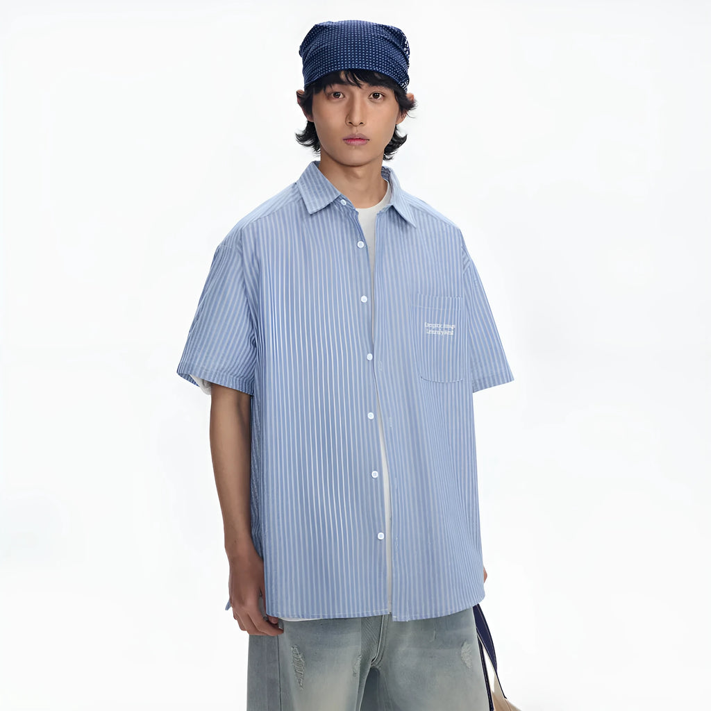 Blue and white striped loose-fit short-sleeved overalls shirt or cardigan for men and women