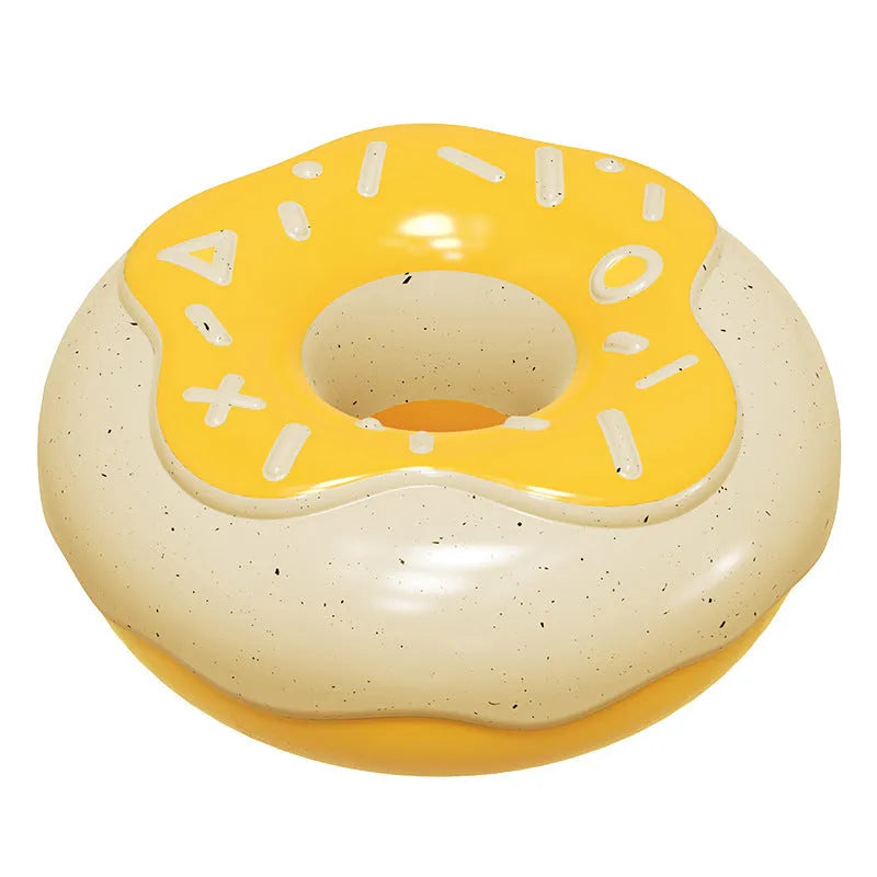 TPR donut dog chew toy with squeaker in pink, yellow and chocolate colours