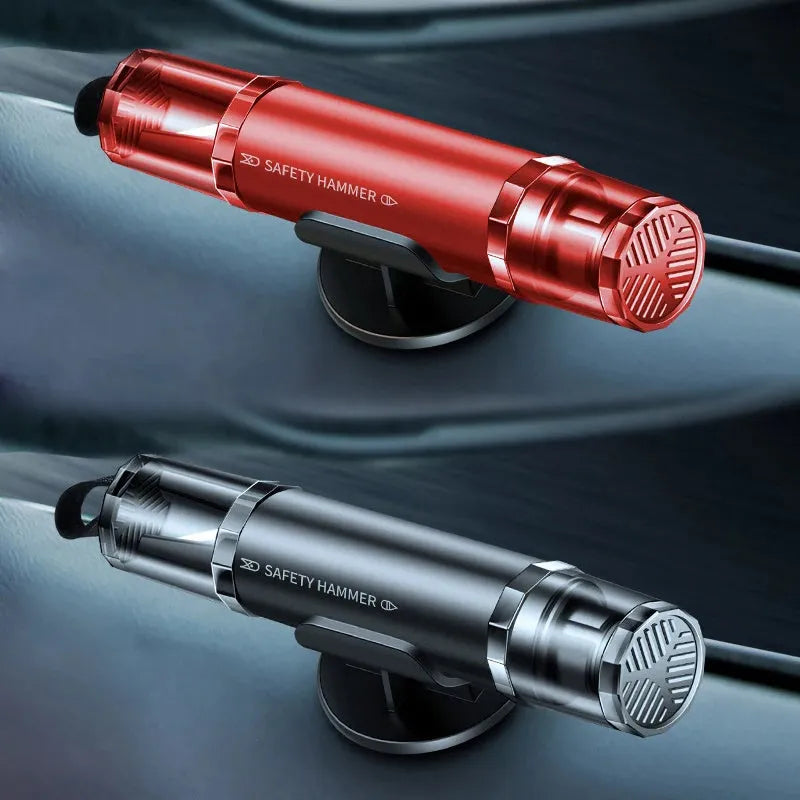 Black and red aluminium alloy car emergency window breaker and seat belt cutter tool with a mounting bracket.