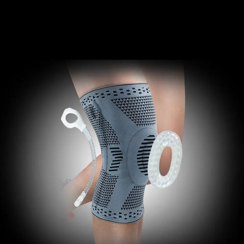 Knee patella protector brace with silicone knee cushion and side springs, adult sports knee pad in black and grey
