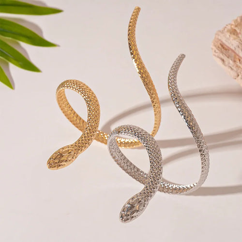 Two-piece exaggerated twisted winding simulated snakes ring and bracelet set with electroplated gold finish