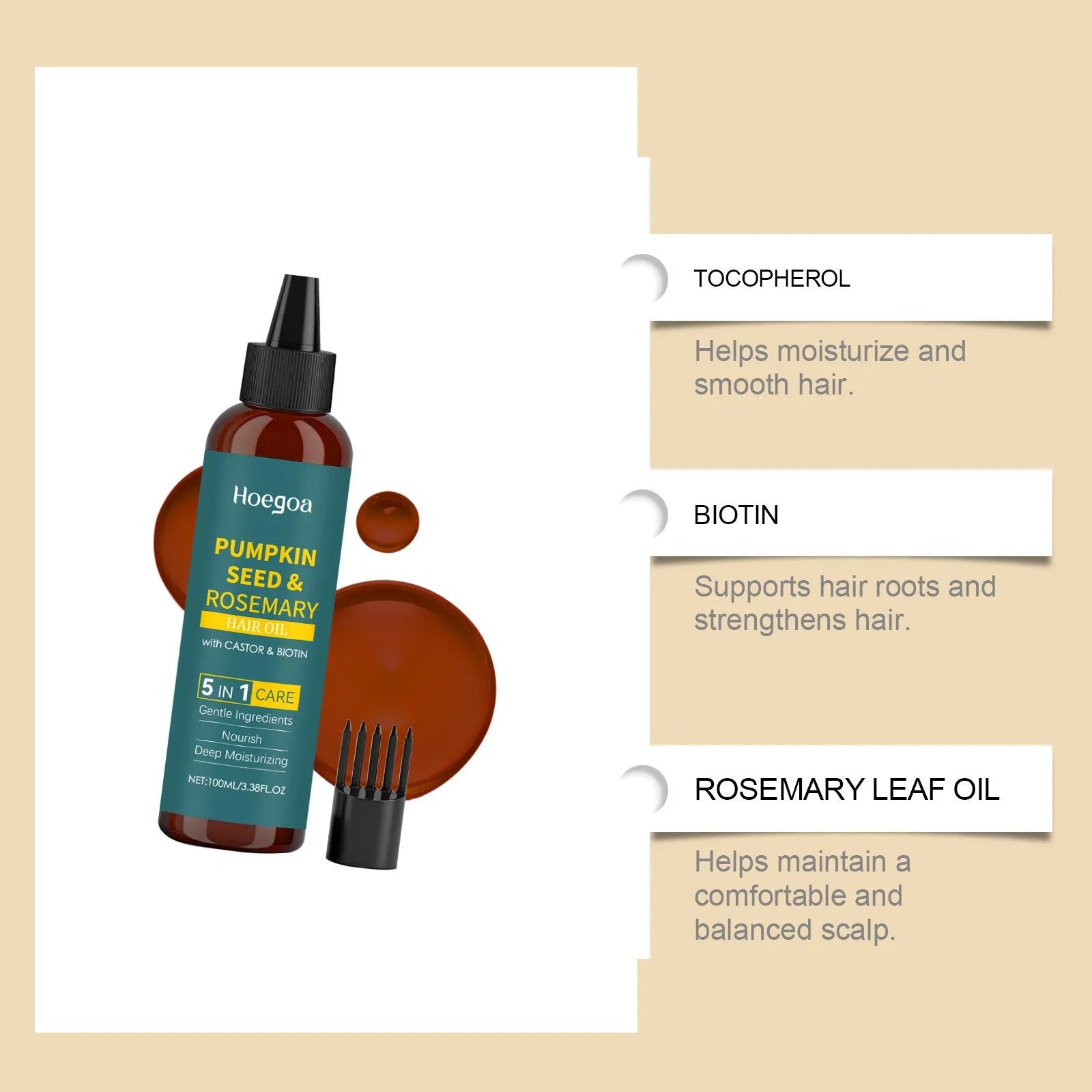 100ml rosemary essential oil bottle with pointed nozzle and hair comb set on white background.