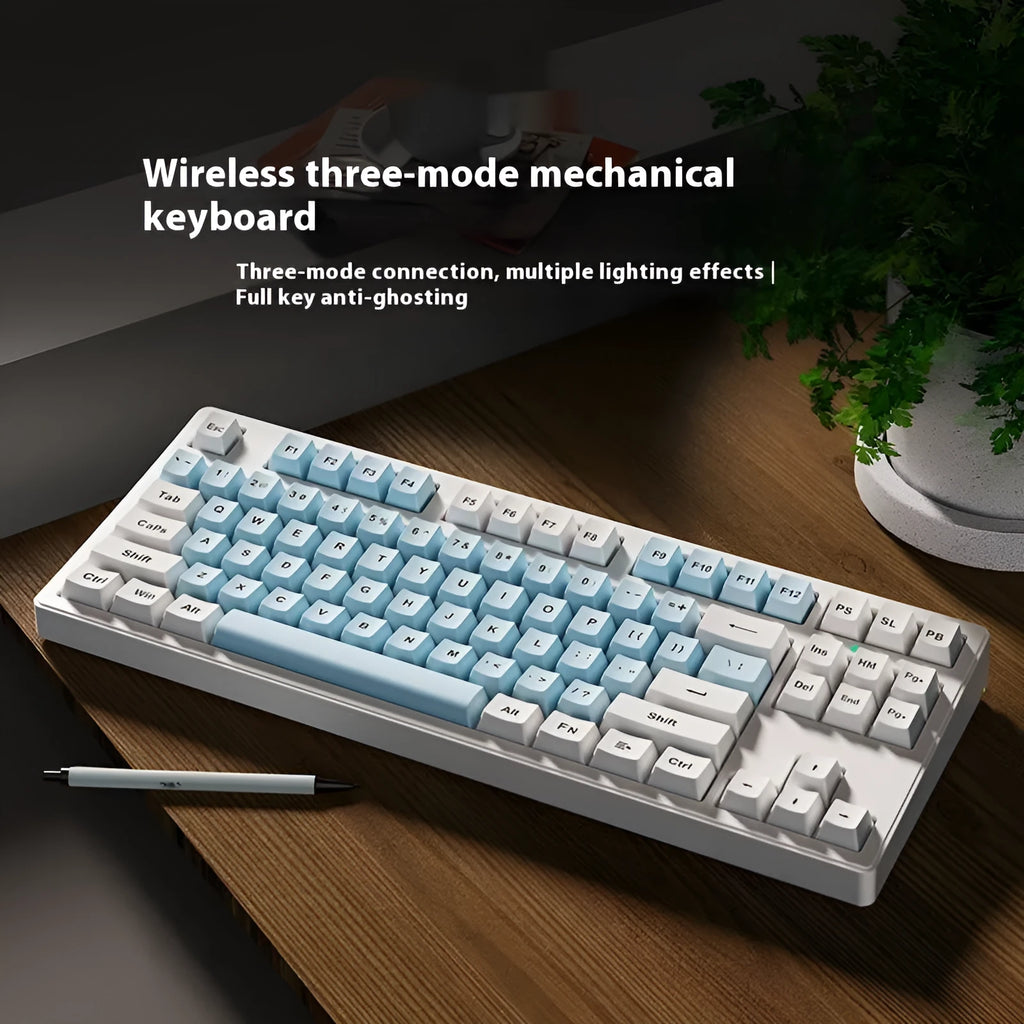 Wireless Bluetooth mechanical keyboard showing three connectivity modes with 87-key and 108-key layout options