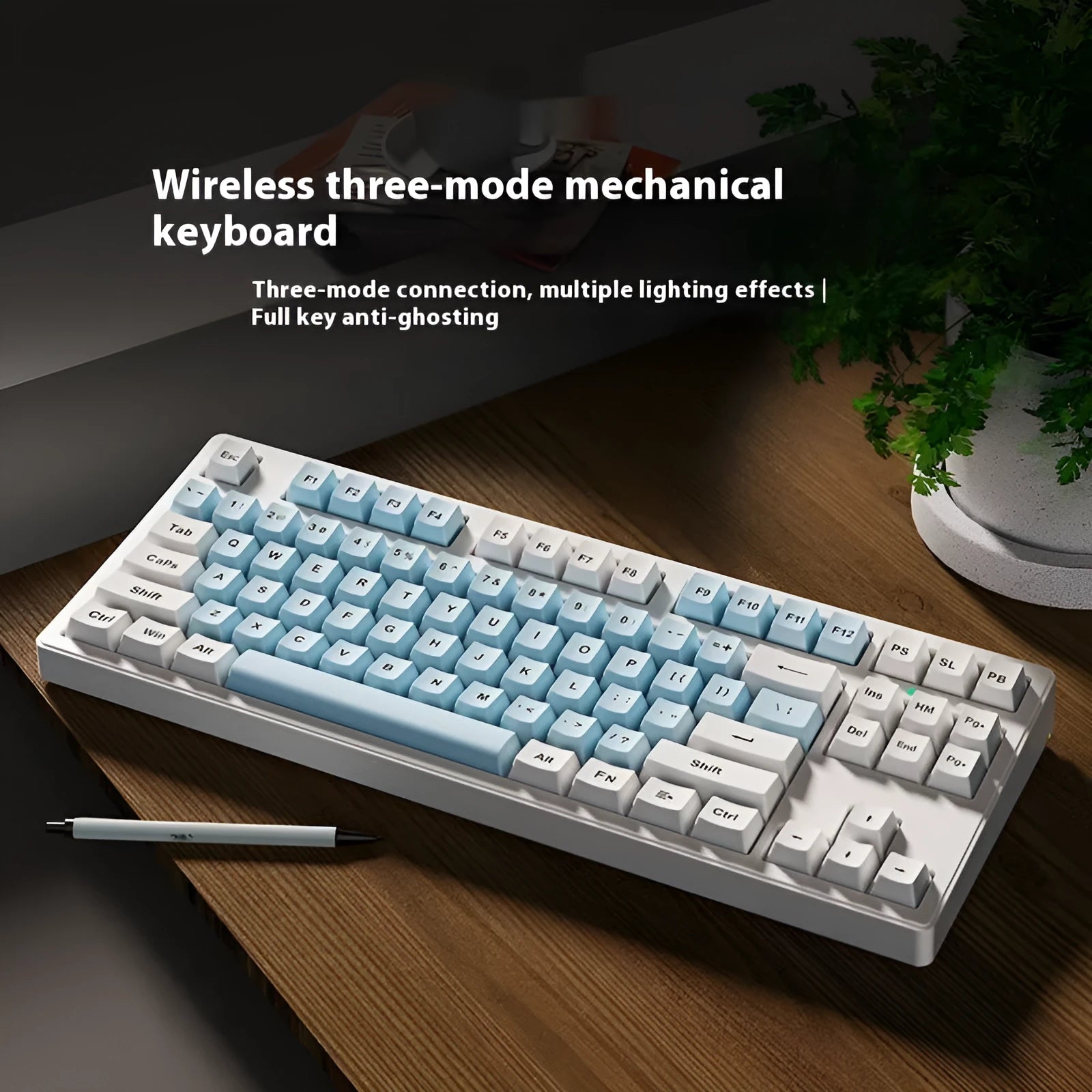 Wireless Bluetooth mechanical keyboard showing three connectivity modes with 87-key and 108-key layout options