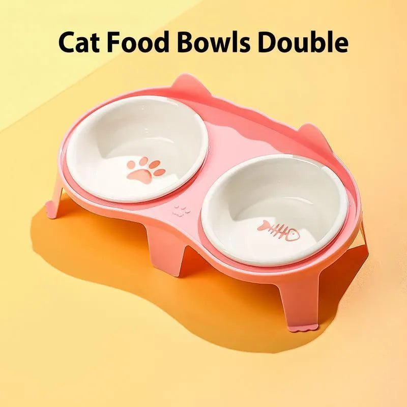 Blue ceramic tilted cat food and water bowls on a white ABS stand with a hook for a water bottle.