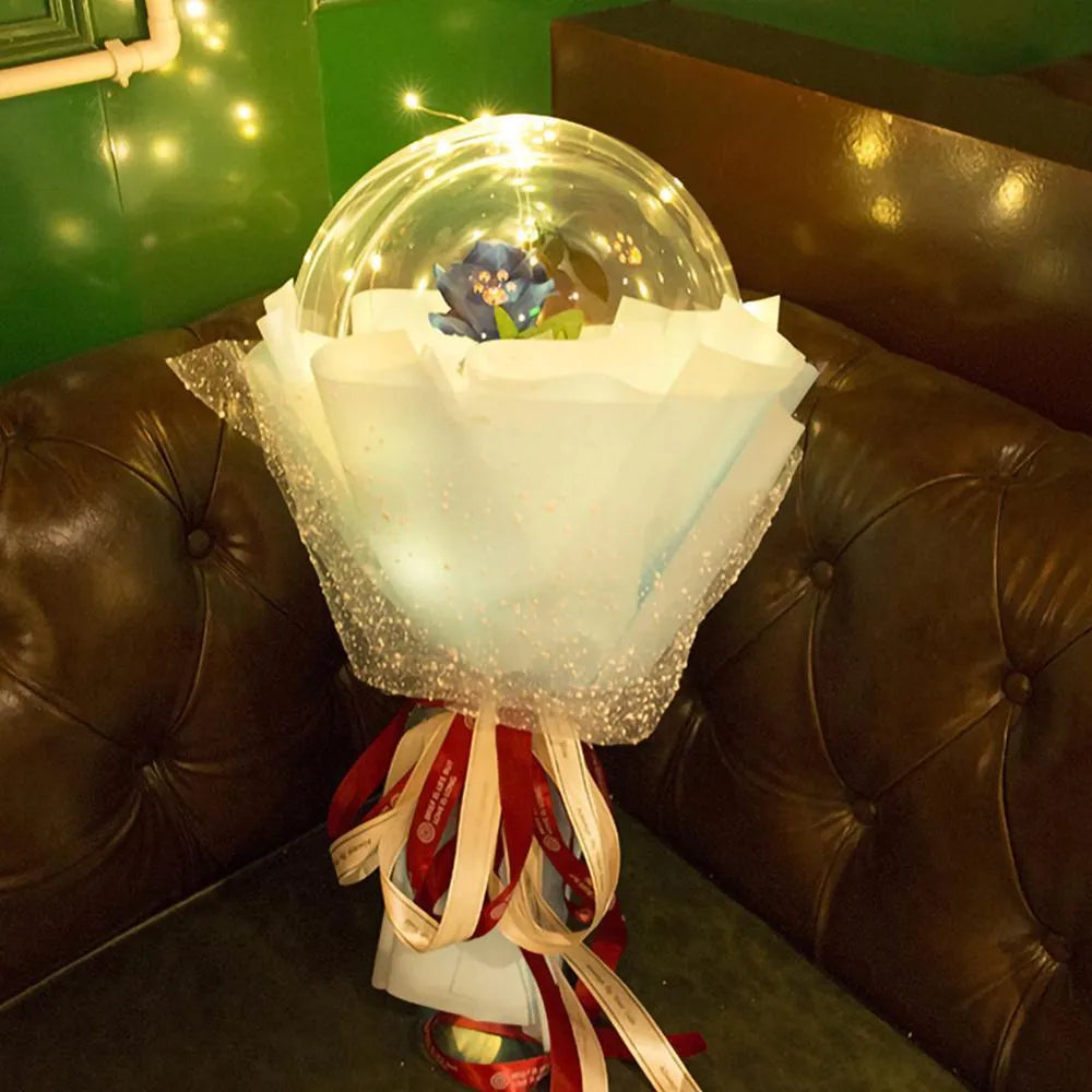 Transparent LED luminous balloon rose bouquet with artificial flowers and integrated lights for party decoration.