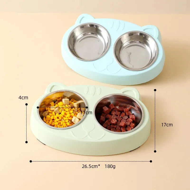Blue plastic double bowl pet feeder with adjustable divider for cat and dog food and water