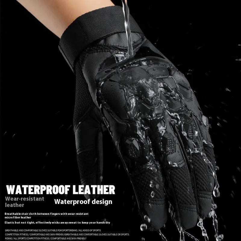 Men's tactical gloves in black, green, and yellow colours showing full finger design with touch screen compatible fingertips