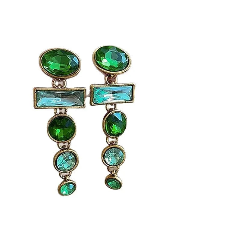 Green gradient geometric drop earrings with zircon inlays and a tassel design.