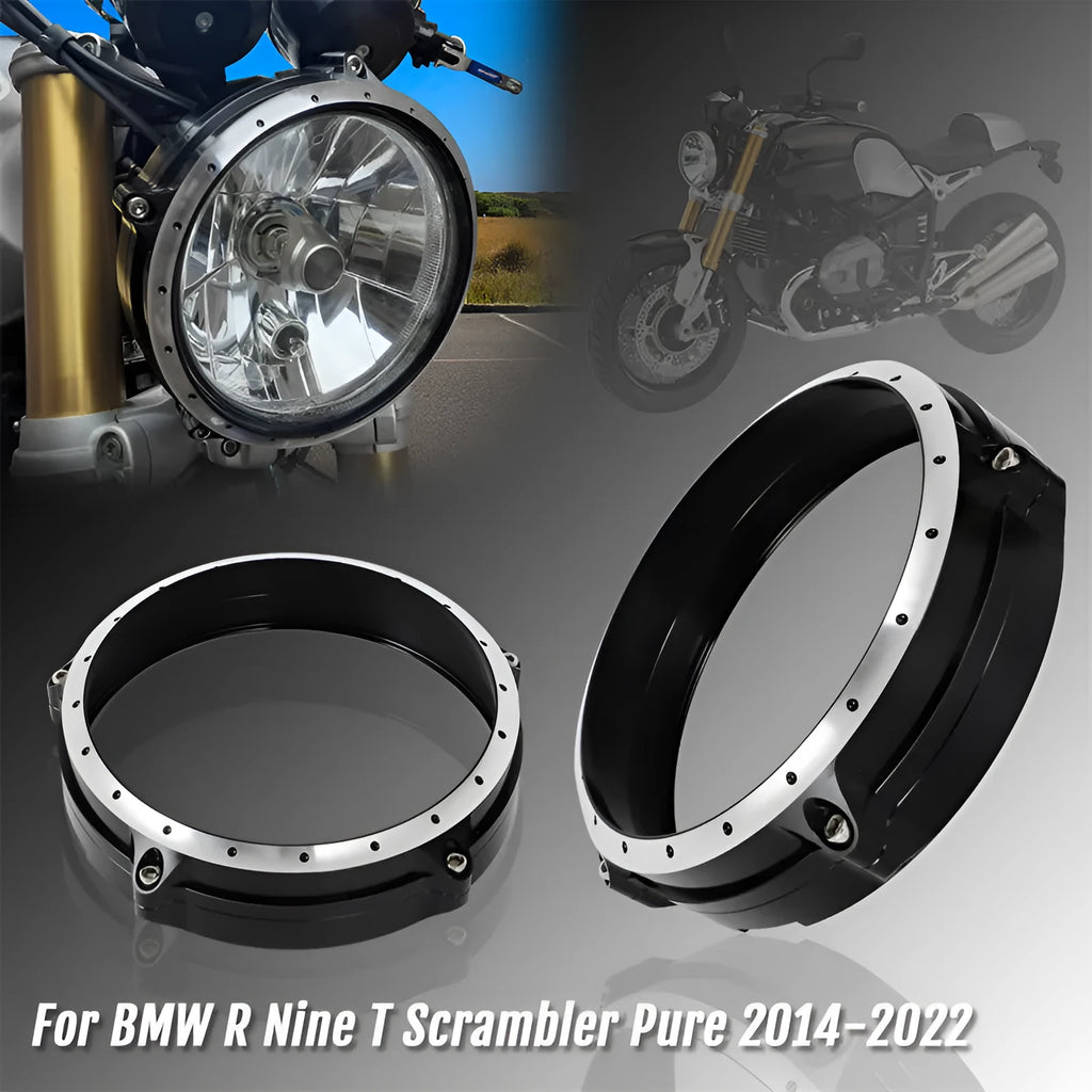 Black CNC aluminium headlight protective frame for a BMW R Nine T Scrambler motorcycle.