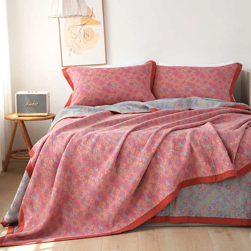 Cotton gauze bed blanket set with matching floral pillowcases in three size options