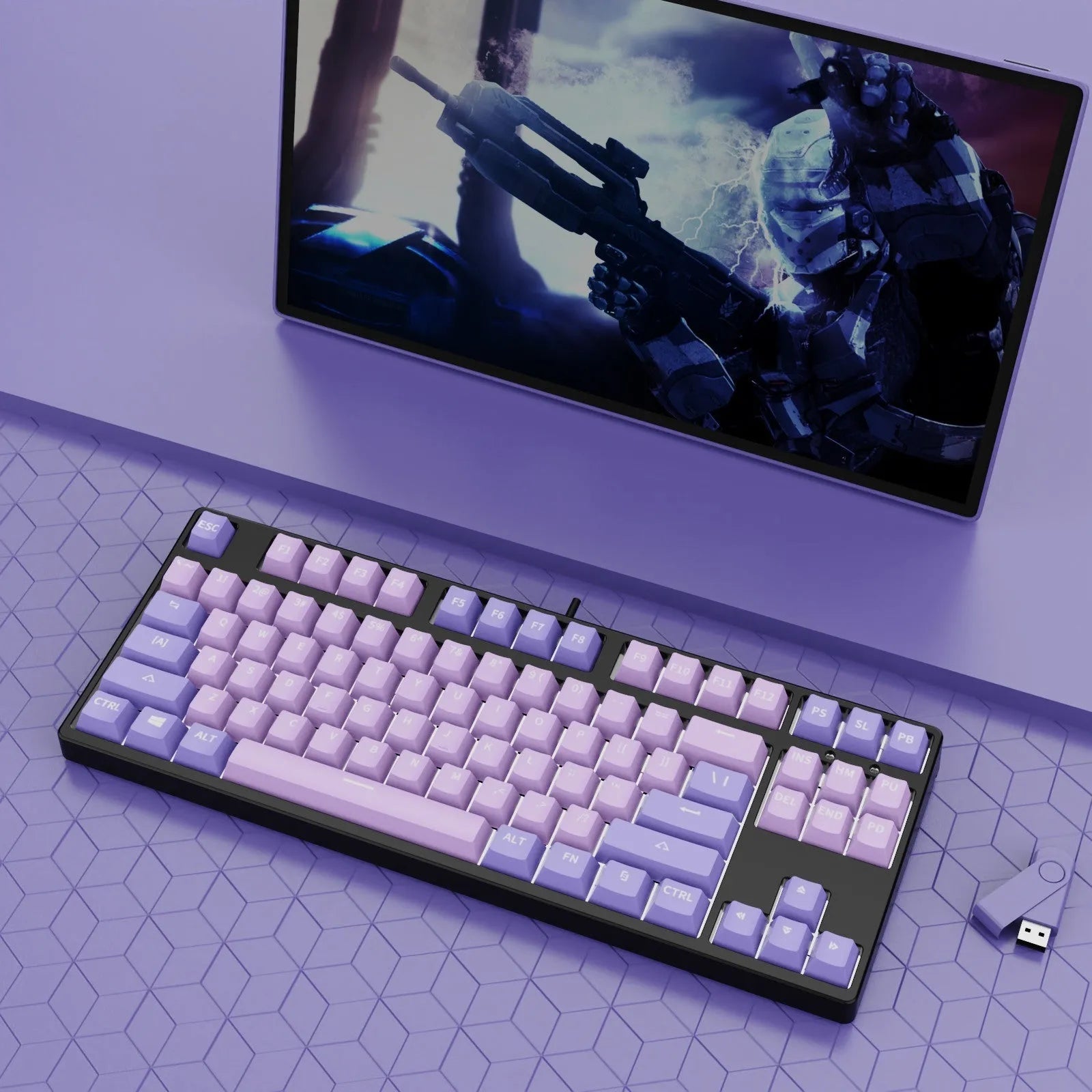 87-key wired mechanical gaming keyboard with multi-colour keycaps on a metal body.