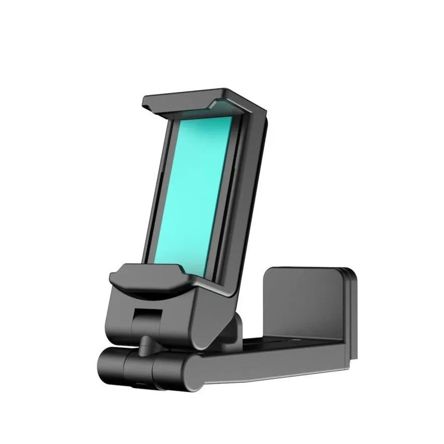 Foldable rotating phone holder in black showing multiple positioning angles for mobile phones