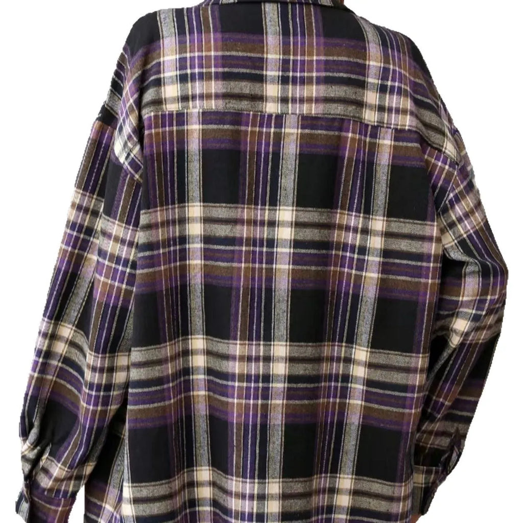 A women's loose-fitting plaid shirt in cotton, shown in black, green, and purple colour options.