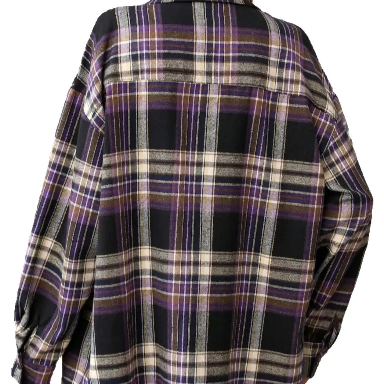 A women's loose-fitting plaid shirt in cotton, shown in black, green, and purple colour options.