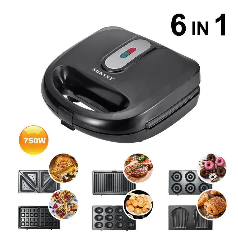 Black double-sided electric sandwich pan with six interchangeable non-stick plates and brushed stainless steel cover