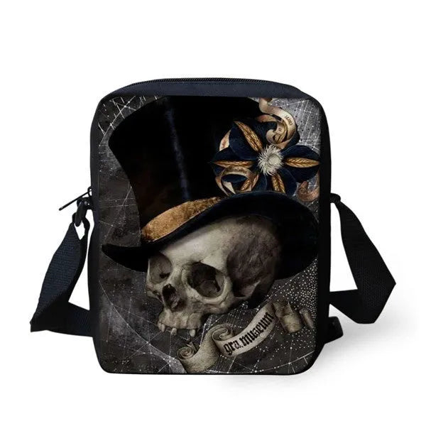 Children's medium messenger bag with skull character patterns showing double shoulder straps and zipper opening