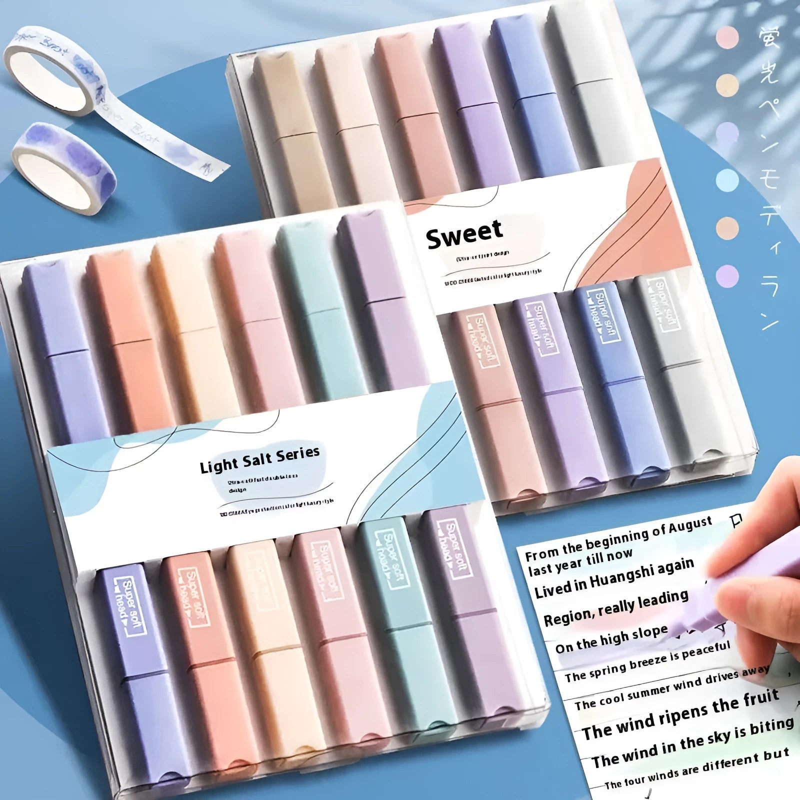 Set of double-headed fluorescent marking pens with refillable cartridges, showing chisel and bullet tips, in a mix of bright colours.