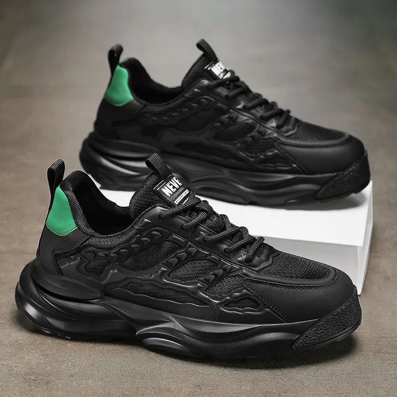 Men's white and black breathable mesh shoes with round toe design and PU mesh upper