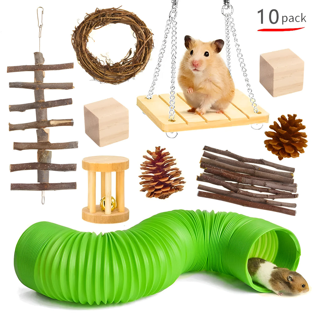 Wooden chew toy bundle for small pets including rabbits, with straw mats and natural woven balls.