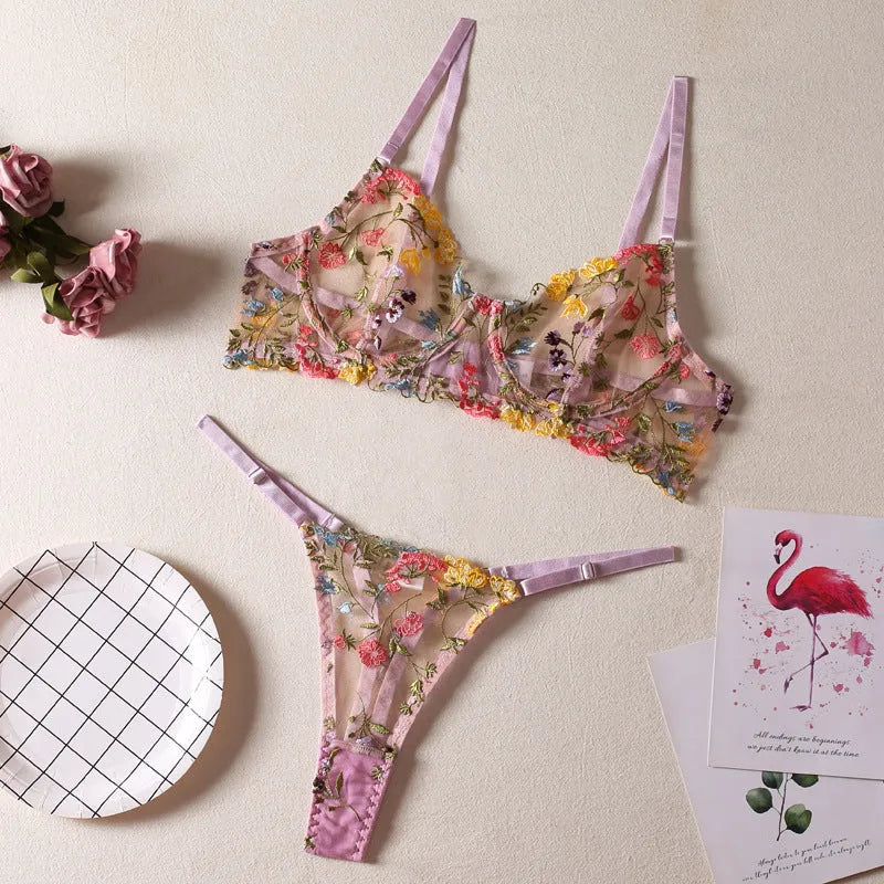 Floral single layer bra with steel ring T-back mesh lingerie set in multiple colours
