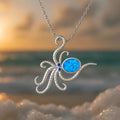 Silver octopus opal necklace with geometric pendant on stainless steel box chain