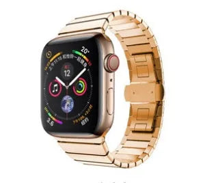 Stainless steel metal chain Apple Watch band with butterfly buckle in silver colour.