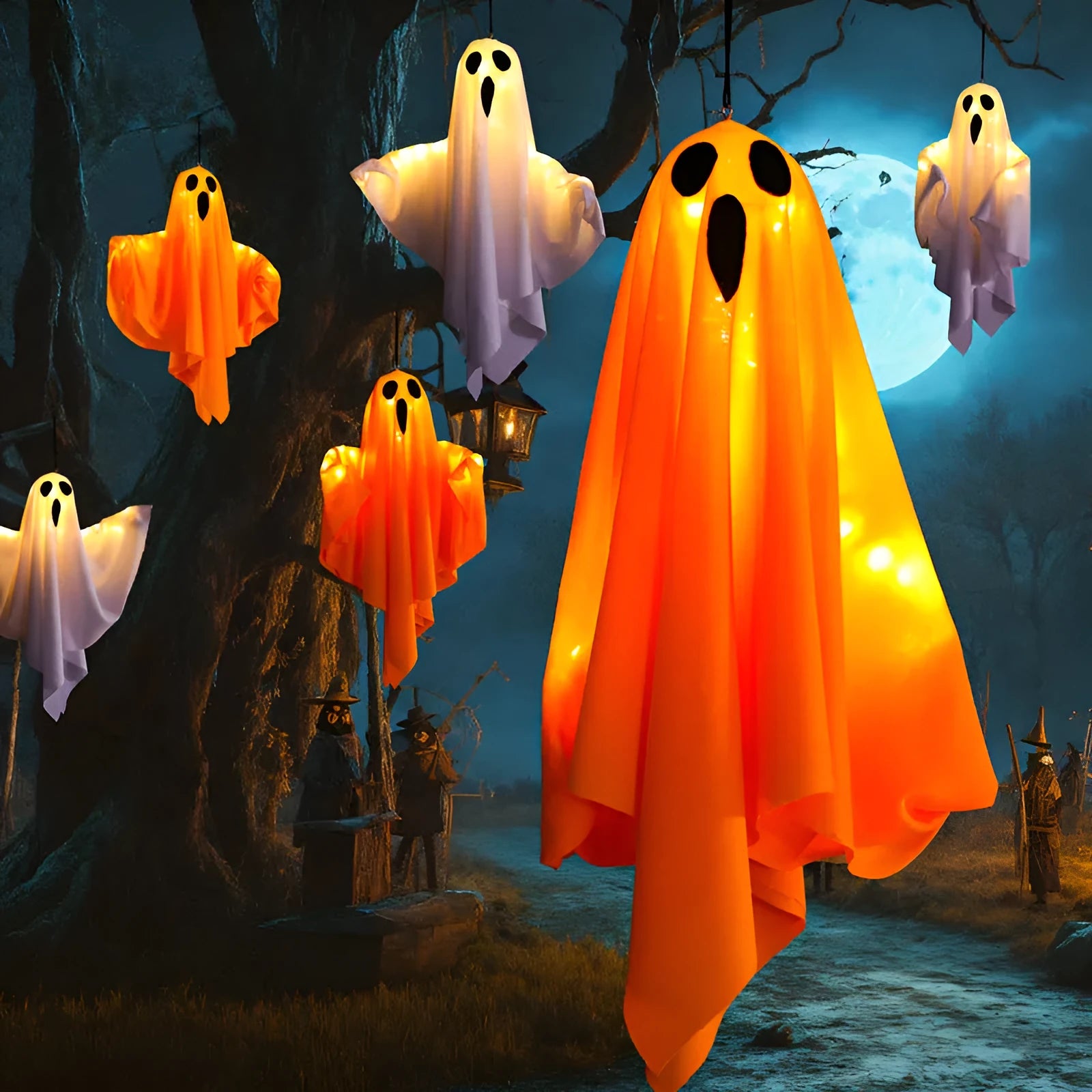 Luminous white Halloween ghost light decoration with cloth construction and 4.5V button electronics