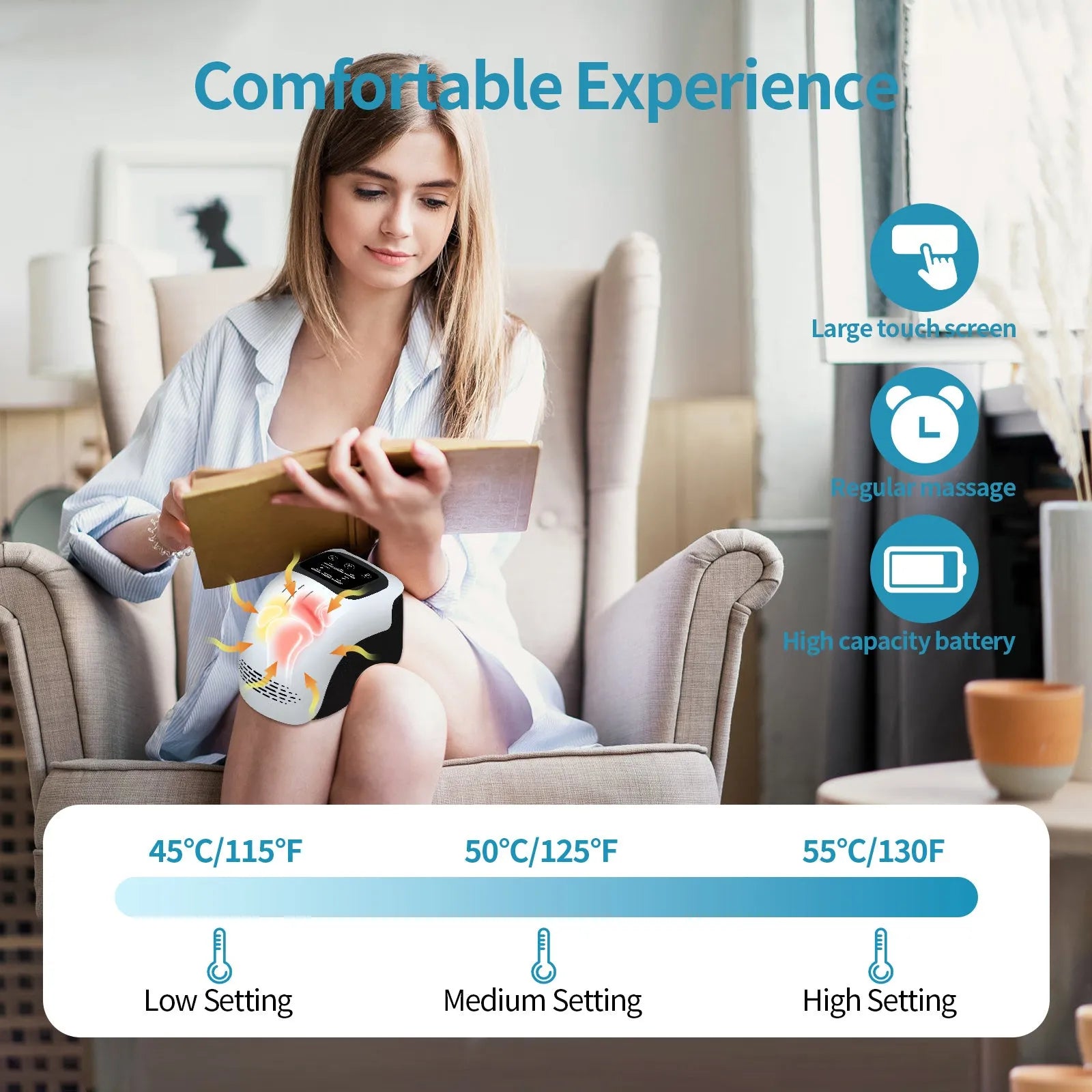 White rechargeable electric knee massager with kneading, heating and infrared laser functions