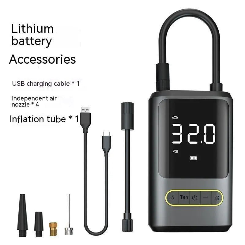 Handheld wireless digital display car tyre inflator with LED light and connection cables