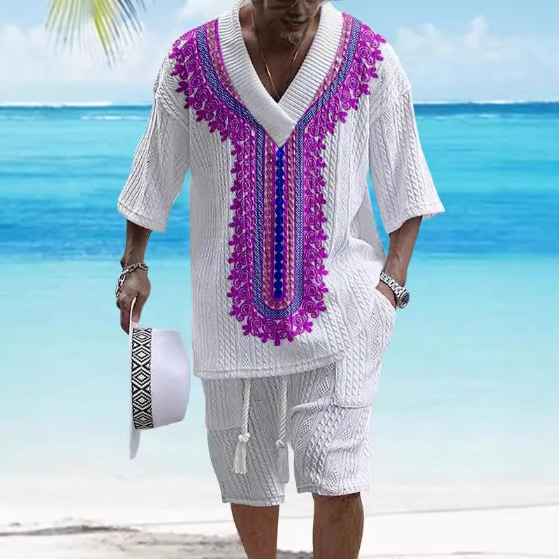 Men's printed drop-shoulder knitted short-sleeved top with matching shorts in a casual suit set.