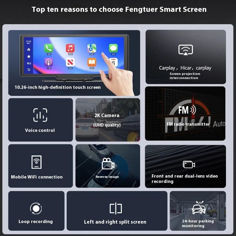 10-inch car smart screen with CarPlay, driving recording and navigation on dashboard