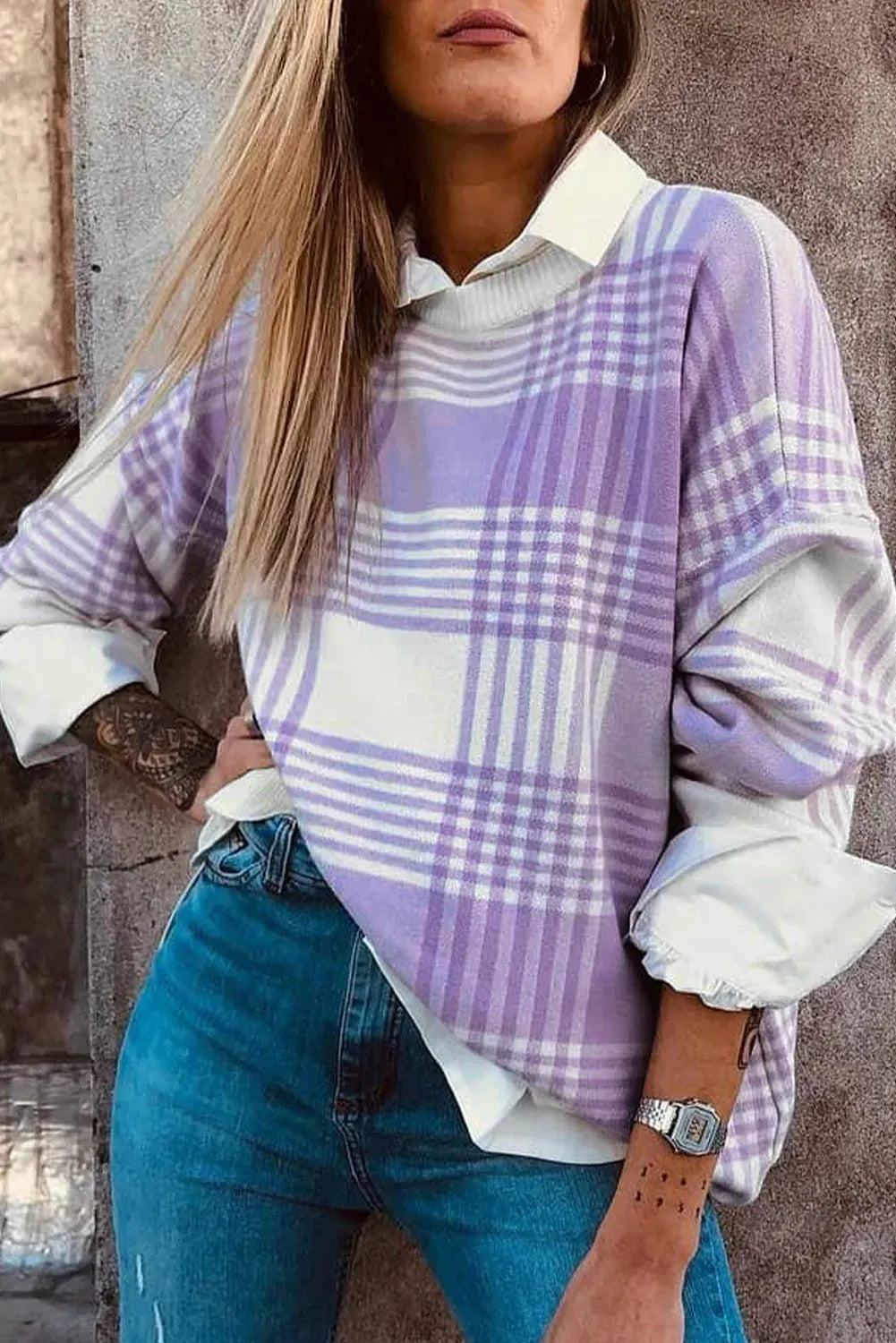 Lilac plaid print women's sweater with ribbed trim and loose fit design