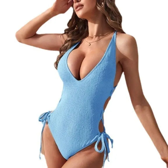 Women's hollow backless tether one-piece bikini swimsuit in solid colours: black, fluorescent yellow, light blue, light green.