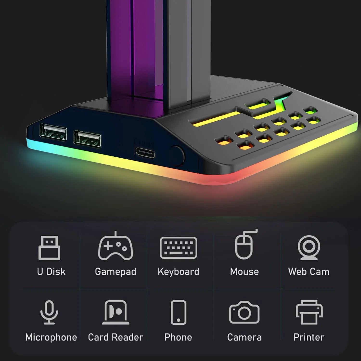 RGB colour changing headphone stand with dual USB hub showing black acrylic variant