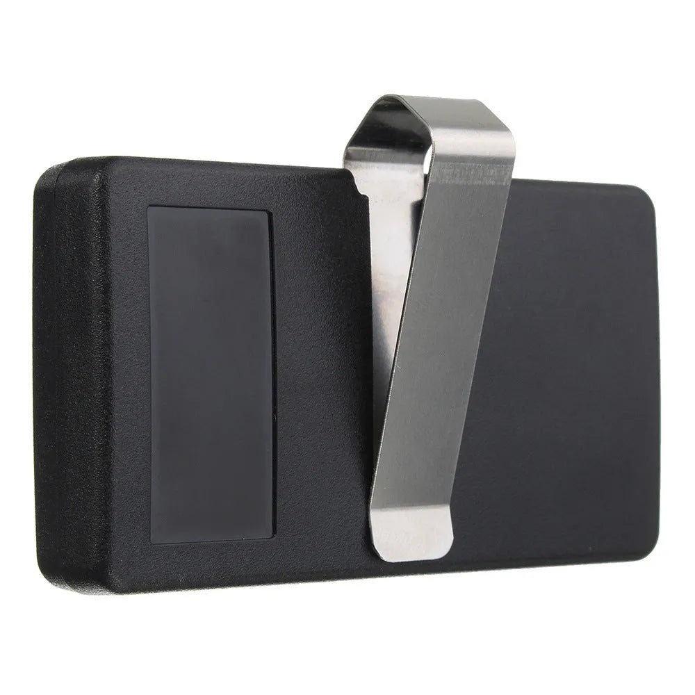 Black three-button LiftMaster garage door remote control with rolling code, showing dimensions.