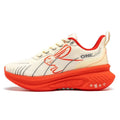Red Rabbit colour low-top running shoes with stripe pattern, PU mesh upper, and rubber sole.