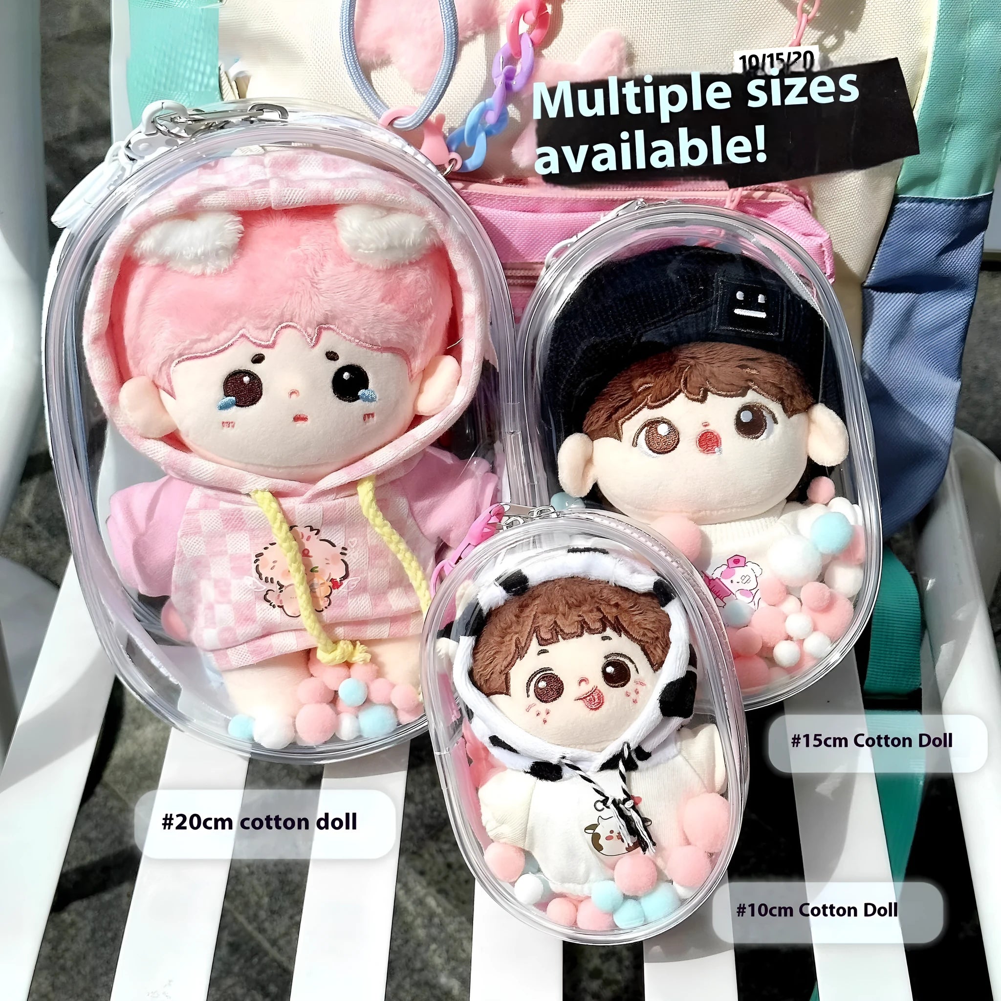Transparent PVC cube storage bag for cotton dolls with keychain in multiple colour options