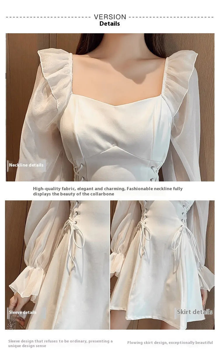 White chiffon patchwork waist-slimming dress with long sleeves and knee-length skirt