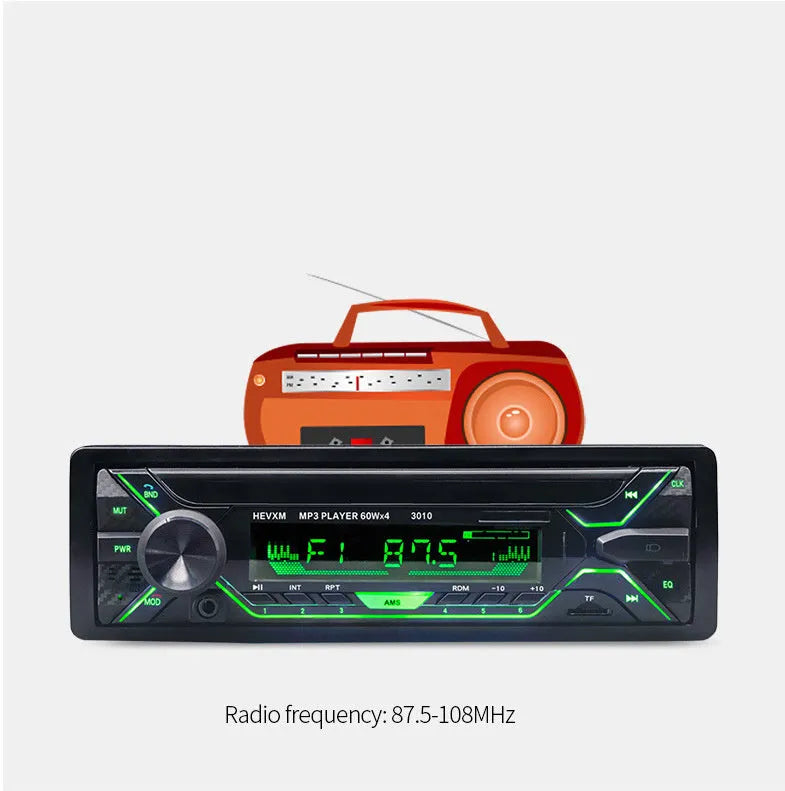 Car dashboard MP3 player radio with Bluetooth, LCD display, USB port, and control buttons