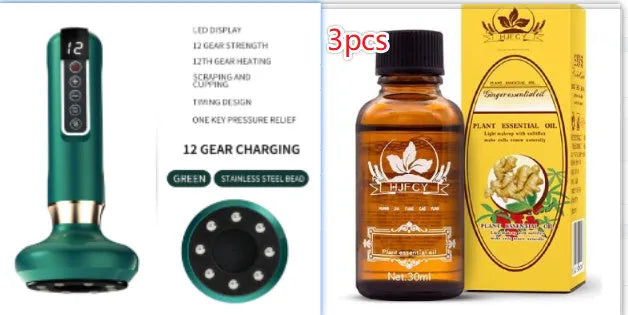 Green electric vacuum cupping massager with gua sha head on a white background.