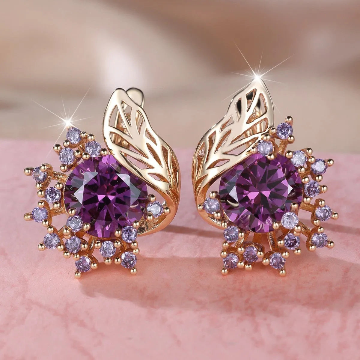 Round flower feather zircon earrings with champagne gold electroplated finish and six gemstone colour options