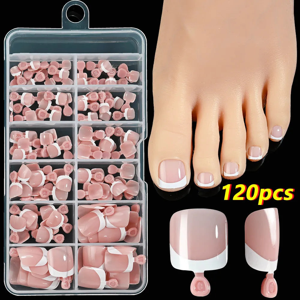 Box of 120 French white tip artificial toenails in nude colours, square short shape.